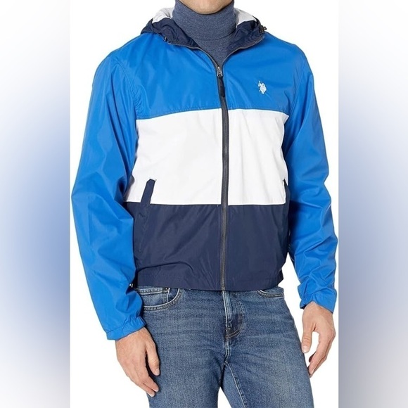 U.S. Polo Assn. Blue White Hooded Windbreaker Jacket Chunky Striped Men’s Size M - Picture 1 of 7
